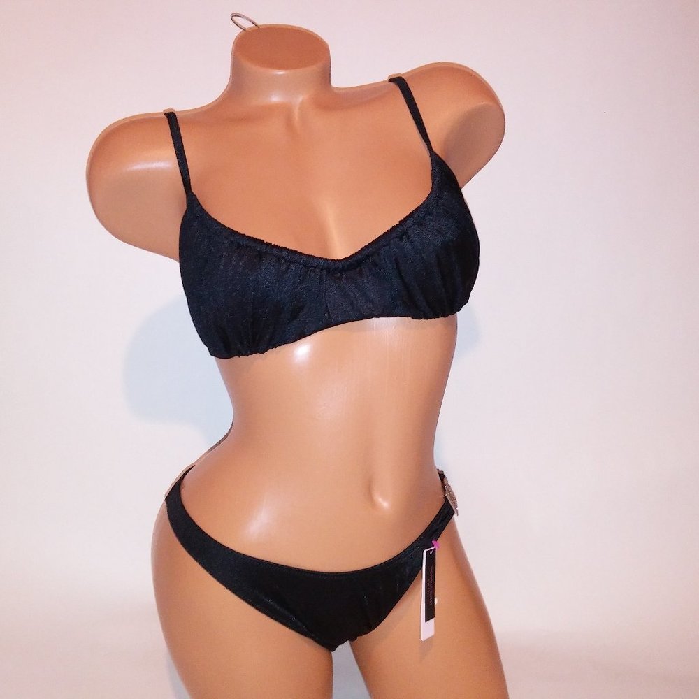 Victoria Secret Swim Bikini‎ 36B Top Medium Bottom Solid Black Scrunch VS Bling